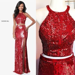 Sherri Hill Red Sequins 2-Piece Crop Top Skirt Gown Dress Slit Size 4 - 51662